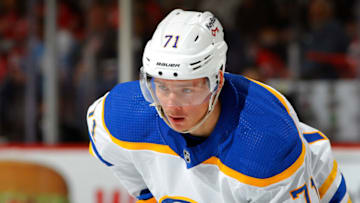 NEWARK, NEW JERSEY - OCTOBER 23: Victor Olofsson #71 of the Buffalo Sabres in action against the New Jersey Devils at Prudential Center on October 23, 2021 in Newark, New Jersey. The Devils defeated the Sabres 2-1 in overtime. (Photo by Jim McIsaac/Getty Images)