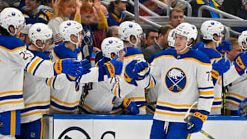 Jan 24, 2023; St. Louis, Missouri, USA; Buffalo Sabres center Tage Thompson (72) is congratulated by teammates after scoring against the St. Louis Blues during the second period at Enterprise Center. Mandatory Credit: Jeff Curry-USA TODAY Sports