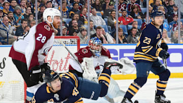 BUFFALO, NY - OCTOBER 11: Semyon Varlamov #1 of the Colorado Avalanche follows the play during an NHL game against the Buffalo Sabres on October 11, 2018 at KeyBank Center in Buffalo, New York. (Photo by Joe Hrycych/NHLI via Getty Images)