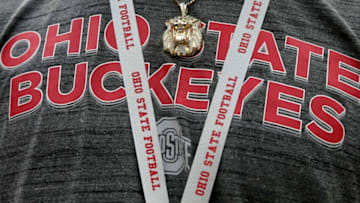 C.J. Hicks, a recruit from Archbishop Alter in Dayton, Oh., wears a gold lion pendant before Saturday's NCAA Division I football game between the Ohio State Buckeyes and the Maryland Terrapins at Ohio Statdium in Columbus on October 9, 2021.Osu21mary Bjp 136