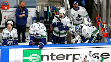 EDMONTON, ALBERTA - SEPTEMBER 04: The Vancouver Canucks react to their deficit against the Vegas Golden Knights late in the third period in Game Seven of the Western Conference Second Round during the 2020 NHL Stanley Cup Playoffs at Rogers Place on September 04, 2020 in Edmonton, Alberta, Canada. (Photo by Bruce Bennett/Getty Images)
