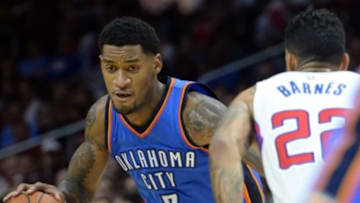 Oct 30, 2014; Los Angeles, CA, USA; Los Angeles Clippers forward Matt Barnes (22) guards Oklahoma City Thunder forward Perry Jones (3) during the game at Staples Center. Clippers won 93-90. Mandatory Credit: Jayne Kamin-Oncea-USA TODAY Sports