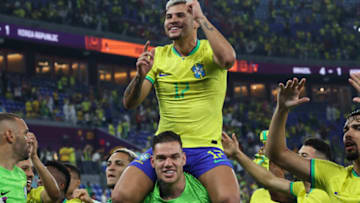 DOHA, QATAR - DECEMBER 05: Bruno Guimarães of Brazil is seen at full time during the FIFA World Cup Qatar 2022 Round of 16 match between Brazil and South Korea at Stadium 974 on December 05, 2022 in Doha, Qatar. (Photo by Ian MacNicol/Getty Images)