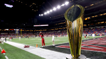 INDIANAPOLIS, INDIANA - JANUARY 10: The National Championship Trophy is seen on the field prior to the 2022 CFP National Championship Game between the Alabama Crimson Tide and Georgia Bulldogs at Lucas Oil Stadium on January 10, 2022 in Indianapolis, Indiana. (Photo by Kevin C. Cox/Getty Images)