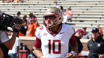 Sep 23, 2023; Clemson, South Carolina, USA; Florida State Seminoles quarterback AJ Duffy (10) prior to a game against the Clemson Tigers at Memorial Stadium. Mandatory Credit: David Yeazell-USA TODAY Sports