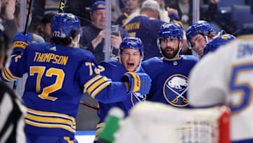 Apr 14, 2022; Buffalo, New York, USA; Buffalo Sabres right wing Alex Tuch (89) celebrates his goal with left wing Jeff Skinner (53), right wing Tage Thompson (72) and Buffalo Sabres defenseman Owen Power (25) during the second period against the St. Louis Blues at KeyBank Center. Mandatory Credit: Timothy T. Ludwig-USA TODAY Sports