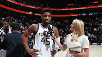 SALT LAKE CITY, UT - OCTOBER 23: Donovan Mitchell #45 of the Utah Jazz talks with media after the game against the Oklahoma City Thunder on October 23, 2019 at Vivint Smart Home Arena in Salt Lake City, Utah. Copyright 2019 NBAE (Photo by Melissa Majchrzak/NBAE via Getty Images)