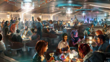 Guests experiencing Star Wars: Galactic Starcruiser – opening in 2022 at Walt Disney World Resort in Lake Buena Vista, Fla. – will have fantastic meals in the Crown of Corellia Dining Room, seen in this artist concept rendering. The enticing supper club is a bright and welcoming hall offering menus of both otherworldly and familiar origins. One night’s dinner will feature a live performance from a galactic superstar. (© Disney © & TM Lucasfilm)