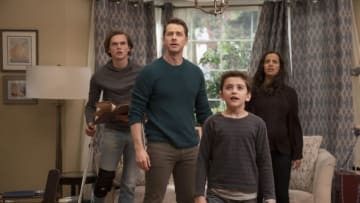 MANIFEST -- "Airplane Bottles" Episode 209 -- Pictured: (l-r) Garrett Wareing as TJ Morrison, Josh Dallas as Ben Stone, Jack Messina as Cal Stone, Athena Karkanis as Grace Stone -- (Photo by: Peter Kramer/NBC)