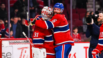 MONTREAL, QC - MARCH 12: Montreal Canadiens defenceman Shea Weber (6) puts his arms around Montreal Canadiens goalie Carey Price (31) after the win celebrating the fact Montreal Canadiens goalie Carey Price (31) becomes the winning most goalie in Cahadiens history during the Detroit Red Wings versus the Montreal Canadiens game on March 12, 2019, at Bell Centre in Montreal, QC (Photo by David Kirouac/Icon Sportswire via Getty Images)