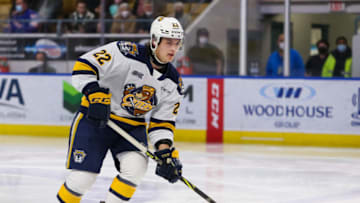KITCHENER, ONTARIO - MARCH 18: Spencer Sova #22 of the Erie Otters skates against the Kitchener Rangers at Kitchener Memorial Auditorium on March 18, 2022 in Kitchener, Ontario. (Photo by Chris Tanouye/Getty Images)