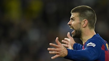 Barcelona's Spanish defender Gerard Pique reacts during the Spanish League football match between Real Madrid and Barcelona at the Santiago Bernabeu stadium in Madrid on March 1, 2020. (Photo by OSCAR DEL POZO / AFP) (Photo by OSCAR DEL POZO/AFP via Getty Images)