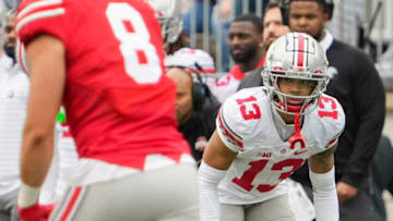 Ohio State Buckeyes cornerback Jordan Hancock (13) lines up during the spring football game at Ohio Stadium in Columbus on April 16, 2022.Ncaa Football Ohio State Spring Game