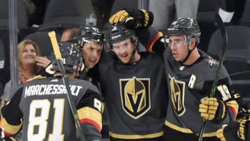 LAS VEGAS, NV - SEPTEMBER 28: Jonathan Marchessault #81, Vadim Shipachyov #87, Colin Miller #6 and Reilly Smith #19 of the Vegas Golden Knights celebrate a goal against the Colorado Avalanche during a preseason game at T-Mobile Arena on September 28, 2017 in Las Vegas, Nevada. (Photo by David Becker/NHLI via Getty Images)