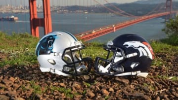 Feb 5, 2016; San Francisco, CA, USA; General view of Carolina Panthers and Denver Broncos helmets prior to Super Bowl 50 at the Golden Gate bridge. Mandatory Credit: Kirby Lee-USA TODAY Sports
