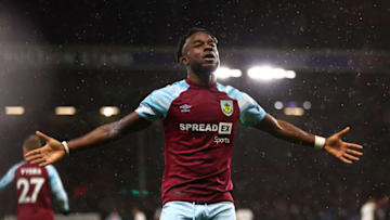 BURNLEY, ENGLAND - APRIL 06: Maxwel Cornet of Burnley celebrates after scoring their team's third goal during the Premier League match between Burnley and Everton at Turf Moor on April 06, 2022 in Burnley, England. (Photo by Clive Brunskill/Getty Images)