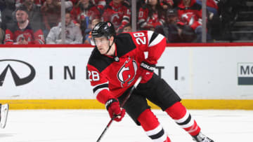 NEWARK, NEW JERSEY - FEBRUARY 20: Damon Severson #28 skates against the San Jose Sharks at the Prudential Center on February 20, 2020 in Newark, New Jersey. The Devils defeated the Sharks 2-1. (Photo by Bruce Bennett/Getty Images)