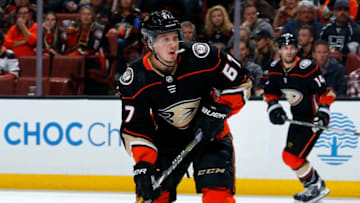 ANAHEIM, CA - MARCH 30: Rickard Rakell #67 and Adam Henrique #14 of the Anaheim Ducks skate during the game against the Los Angeles Kings on March 30, 2018 at Honda Center in Anaheim, California. (Photo by Debora Robinson/NHLI via Getty Images)