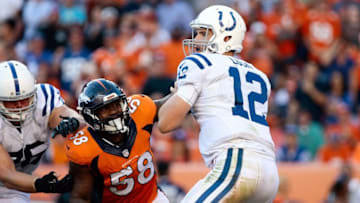 Sep 18, 2016; Denver, CO, USA; Denver Broncos outside linebacker Von Miller (58) rushes Indianapolis Colts quarterback Andrew Luck (12) in the fourth quarter at Sports Authority Field at Mile High. The Broncos won 34-20. Mandatory Credit: Isaiah J. Downing-USA TODAY Sports