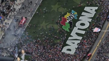 Feb 23, 2014; Daytona Beach, FL, USA; Aerial view of the driver introductions prior to the start of the Daytona 500 at Daytona International Speedway. Mandatory Credit: Steve Mitchell-USA TODAY Sports