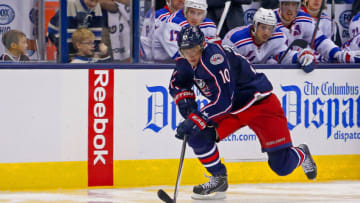 COLUMBUS, OH - NOVEMBER 7: Marian Gaborik #10 of the Columbus Blue Jackets controls the puck during the game against the New York Rangers on November 7, 2013 at Nationwide Arena in Columbus, Ohio. (Photo by Kirk Irwin/Getty Images)