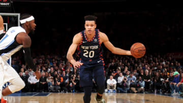 NEW YORK, NY - NOVEMBER 11: Kevin Knox #20 of the New York Knicks handles the ball against the Orlando Magic on November 11, 2018 at Madison Square Garden in New York City, New York. NOTE TO USER: User expressly acknowledges and agrees that, by downloading and or using this photograph, User is consenting to the terms and conditions of the Getty Images License Agreement. Mandatory Copyright Notice: Copyright 2018 NBAE (Photo by Nathaniel S. Butler/NBAE via Getty Images)