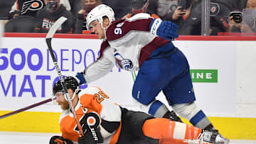 Dec 6, 2021; Philadelphia, Pennsylvania, USA; Philadelphia Flyers center Claude Giroux (28) is knocked to the ice by Colorado Avalanche right wing Mikko Rantanen (96) during the third period at Wells Fargo Center. Mandatory Credit: Eric Hartline-USA TODAY Sports