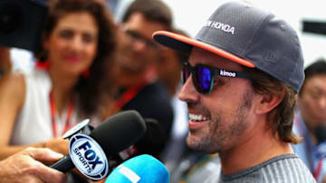 MONZA, ITALY - AUGUST 31: Fernando Alonso of Spain and McLaren Honda talks to the media during previews for the Formula One Grand Prix of Italy at Autodromo di Monza on August 31, 2017 in Monza, Italy. (Photo by Clive Rose/Getty Images)