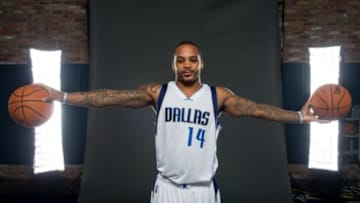 Sep 29, 2014; Dallas, TX, USA; Dallas Mavericks guard Jameer Nelson (14) poses for a portrait during media day at the American Airlines Center. Mandatory Credit: Jerome Miron-USA TODAY Sports