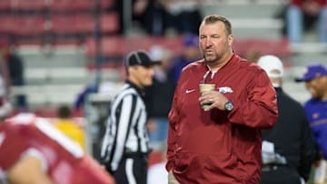 Nov 12, 2016; Fayetteville, AR, USA; Arkansas Razorbacks head coach Bret Bielema watches his players warmup before the game against the LSU Tigers at Donald W. Reynolds Razorback Stadium. Mandatory Credit: Brett Rojo-USA TODAY Sports