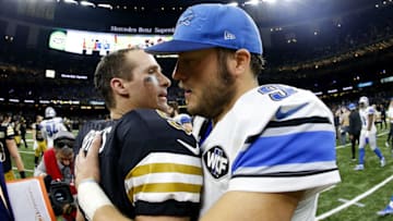 NEW ORLEANS, LA - DECEMBER 04: Matthew Stafford #9 of the Detroit Lions and Drew Brees #9 of the New Orleans Saints greet after a game at the Mercedes-Benz Superdome on December 4, 2016 in New Orleans, Louisiana. The Lion won 28-13. (Photo by Jonathan Bachman/Getty Images)
