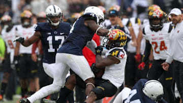 Oct 8, 2016; University Park, PA, USA; Maryland Terrapins tight end Derrick Hayward (48) is hit by Penn State Nittany Lions safety Nick Scott (4) during the second quarter at Beaver Stadium. Penn State defeated Maryland 38-14. Mandatory Credit: Matthew O