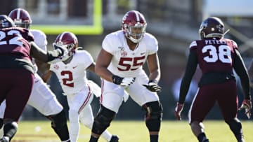 FAYETTEVILLE, AR - NOVEMBER 9: Emil Ekiyor Jr. #55 of the Alabama Crimson Tide prepares to block during a game against the Mississippi State Bulldogs at Davis Wade Stadium on November 16, 2019 in Starkville, Mississippi. The Crimson Tide defeated the Bulldogs 38-7. (Photo by Wesley Hitt/Getty Images)