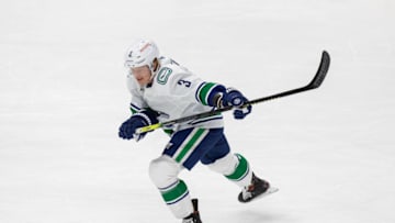EDMONTON, AB - MAY 15: Jack Rathbone #3 of the Vancouver Canucks warms up against the Edmonton Oilers at Rogers Place on May 15, 2021 in Edmonton, Canada. (Photo by Codie McLachlan/Getty Images)