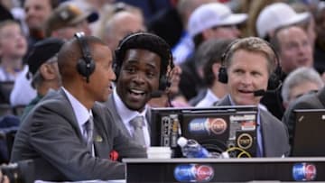 April 11, 2013; Oakland, CA, USA; TNT sportscasters Reggie Miller (left), Chris Webber (center), and Steve Kerr (right) during the second quarter between the Golden State Warriors and the Oklahoma City Thunder at Oracle Arena. The City Thunder defeated the Warriors 116-97. Mandatory Credit: Kyle Terada-USA TODAY Sports