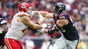 Sep 18, 2016; Houston, TX, USA; Houston Texans defensive end J.J. Watt (99) attempts to get around Kansas City Chiefs offensive tackle Mitchell Schwartz (71) during the game at NRG Stadium. Mandatory Credit: Troy Taormina-USA TODAY Sports