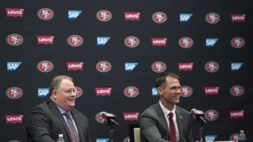 January 20, 2016; Santa Clara, CA, USA; Chip Kelly (left) and San Francisco 49ers general manager Trent Baalke (right) address the media in a press conference after naming Kelly as the new head coach for the 49ers at Levi