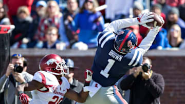 OXFORD, MS - OCTOBER 28: A.J. Brown #1 of the Ole Miss Rebels catches a pass over Josh Liddell #28 of the Arkansas Razorbacks at Hemingway Stadium on October 28, 2017 in Oxford, Mississippi. (Photo by Wesley Hitt/Getty Images)