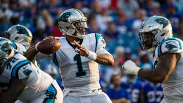 ORCHARD PARK, NY - AUGUST 09: Cam Newton #1 of the Carolina Panthers drops back to pass during the first quarter of a preseason game against the Buffalo Bills at New Era Field on August 9, 2018 in Orchard Park, New York. (Photo by Brett Carlsen/Getty Images)