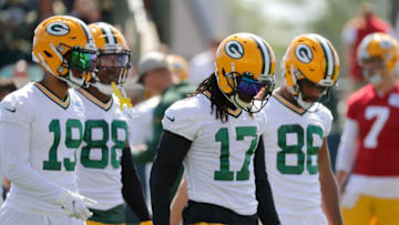 July 30, 2021; Green Bay, WI, USA; Green Bay Packers wide receiver Equanimeous St. Brown (19), wide receiver Juwann Winfree (88), wide receiver Davante Adams (17) and wide receiver Malik Taylor (86) participate in training camp Friday, July 30, 2021, in Green Bay, Wis. Mandatory Credit: Dan Powers-USA TODAY NETWORK