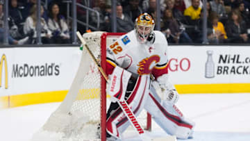 LOS ANGELES, CA - APRIL 06: Calgary Flames goalie Jon Gillies (32) during the NHL regular season hockey game between the Calgary Flames and the Los Angeles Kings on April 6, 2017, at the Staples Center in Los Angeles, CA. (Photo by Ric Tapia/Icon Sportswire via Getty Images)