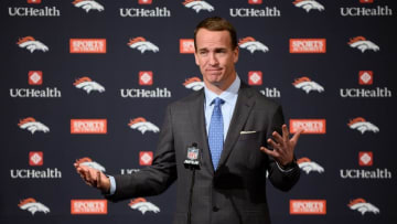Mar 7, 2016; Englewood, CO, USA; Denver Broncos quarterback Peyton Manning during his retirement announcement press conference at the UCHealth Training Center. Mandatory Credit: Ron Chenoy-USA TODAY Sports