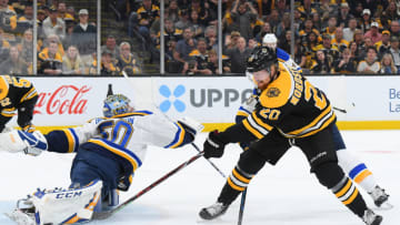 BOSTON, MA - JUNE 12: Joakim Nordstrom #20 of the Boston Bruins has his shot saved by Jordan Binnington #50 of the St Louis Blues during Game Seven of the 2019 NHL Stanley Cup Final at the TD Garden on June 12, 2019 in Boston, Massachusetts. (Photo by Brian Babineau/NHLI via Getty Images)