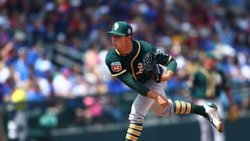 Mar 29, 2016; Mesa, AZ, USA; Oakland Athletics pitcher Sonny Gray against the Chicago Cubs during a spring training game at Sloan Park. Mandatory Credit: Mark J. Rebilas-USA TODAY Sports