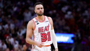 Max Strus #31 of the Miami Heat reacts during the third quarter of the game against the New York Knicks(Photo by Megan Briggs/Getty Images)