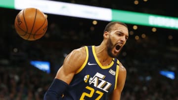 BOSTON, MASSACHUSETTS - MARCH 06: Rudy Gobert #27 of the Utah Jazz reacts after dunking during the third quarter of the game against the Boston Celtics at TD Garden on March 06, 2020 in Boston, Massachusetts. NOTE TO USER: User expressly acknowledges and agrees that, by downloading and or using this photograph, User is consenting to the terms and conditions of the Getty Images License Agreement. (Photo by Omar Rawlings/Getty Images)