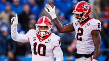 Georgia Bulldogs linebacker Jamon Dumas-Johnson (10) and linebacker Smael Mondon Jr. (2) celebrates during the first quarter against the Kentucky Wildcats at Kroger Field. (Mandatory Credit: Jordan Prather-USA TODAY Sports)