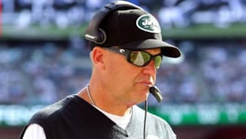 Sep 7, 2014; East Rutherford, NJ, USA; New York Jets head coach Rex Ryan on the sidelines during the fourth quarter of a game against the Oakland Raiders at MetLife Stadium. The Jets defeated the Raiders 19-14. Mandatory Credit: Brad Penner-USA TODAY Sports