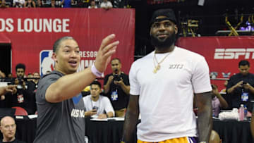 LAS VEGAS, NV - JULY 15: Head coach Tyronn Lue (L) of the Cleveland Cavaliers talks with LeBron James of the Los Angeles Lakers after a quarterfinal game of the 2018 NBA Summer League between the Lakers and the Detroit Pistons at the Thomas & Mack Center on July 15, 2018 in Las Vegas, Nevada. NOTE TO USER: User expressly acknowledges and agrees that, by downloading and or using this photograph, User is consenting to the terms and conditions of the Getty Images License Agreement. (Photo by Ethan Miller/Getty Images)