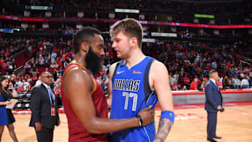 HOUSTON, TX - FEBRUARY 11: Luka Doncic #77 of the Dallas Mavericks and James Harden #13 of the Houston Rockets embrace following the game on February 11, 2019 at the Toyota Center in Houston, Texas. NOTE TO USER: User expressly acknowledges and agrees that, by downloading and or using this photograph, User is consenting to the terms and conditions of the Getty Images License Agreement. Mandatory Copyright Notice: Copyright 2019 NBAE (Photo by Bill Baptist/NBAE via Getty Images)